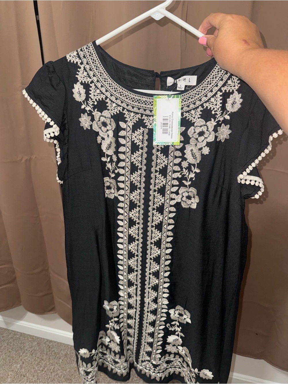 THML Black Midi Dress with White Floral Embroidery